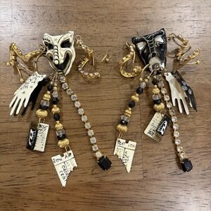 Vintage Lunch At The Ritz Theater Drama Black White Enamel Pierced Earring Set